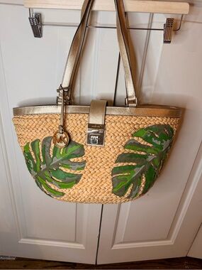 Michael Kors Straw Tote with Gold Trim and Green Leaf Appliqués